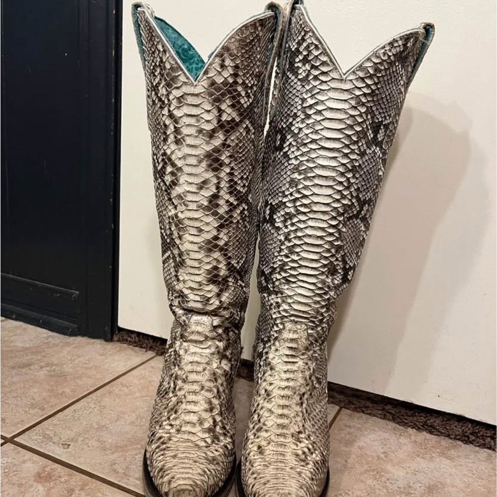 Corral Snakeskin Over-the-Knee Boots in Cream and Black